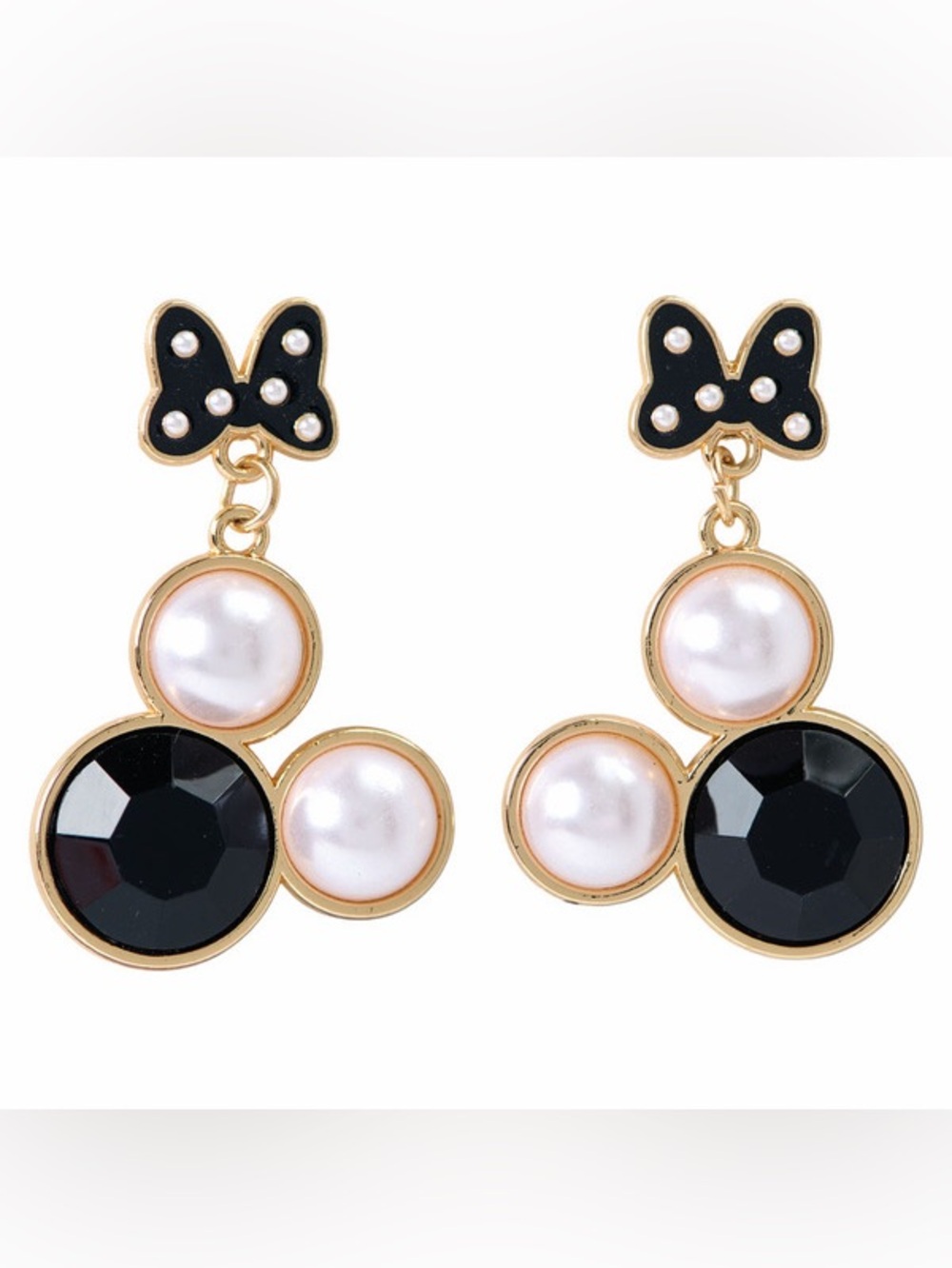 Disney Minnie Mouse Earrings with Black Stones, Cream Pearls and Black Bows